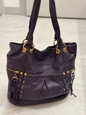 B Makowsky Purple Leather Tote Bag Gold Hardware Shoulder Purse Boho Western
